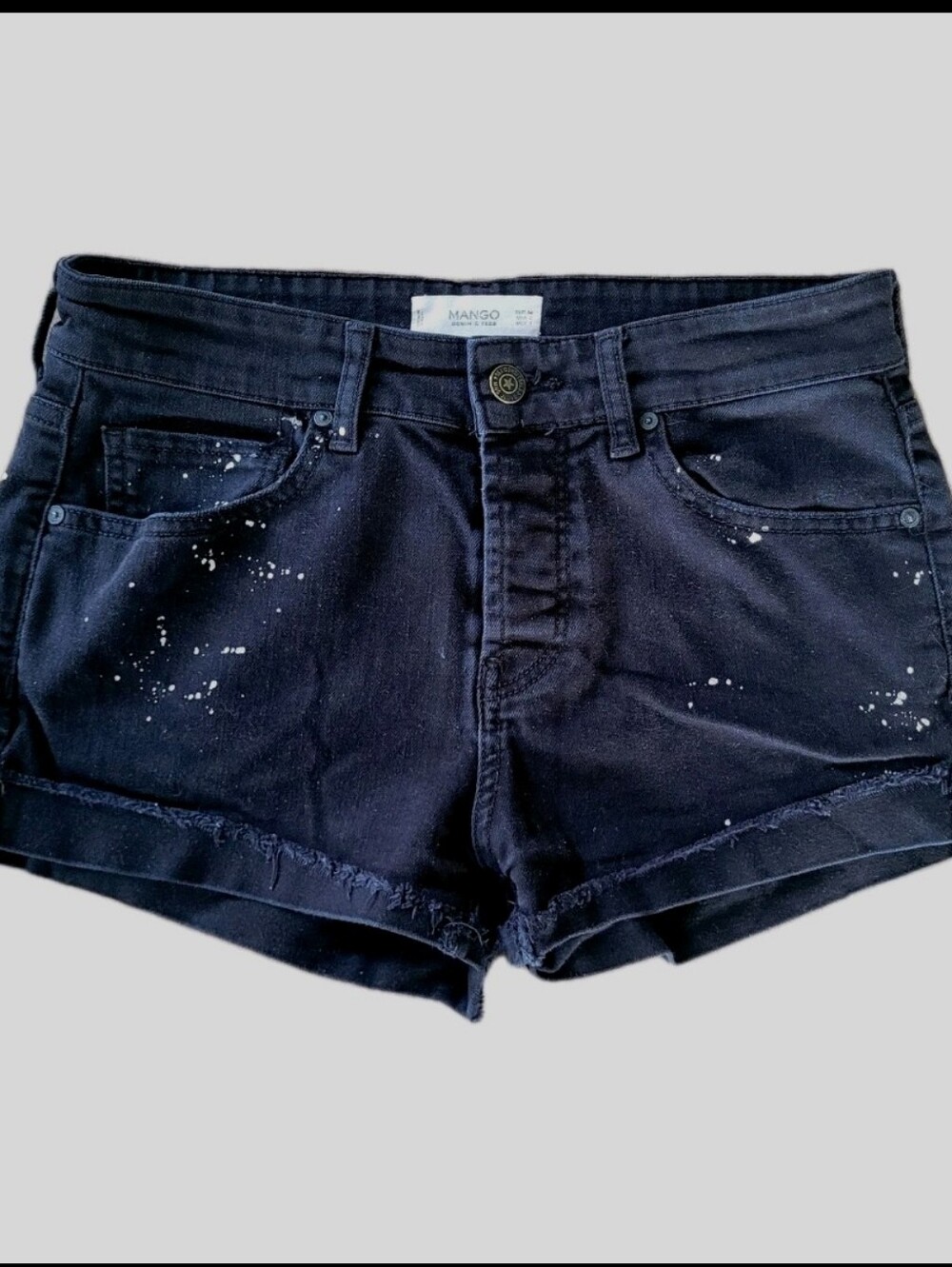 Mango MNG Women's Shorts Button Fly Black Denim Paint Splatter Rolled Cuff Sz 2